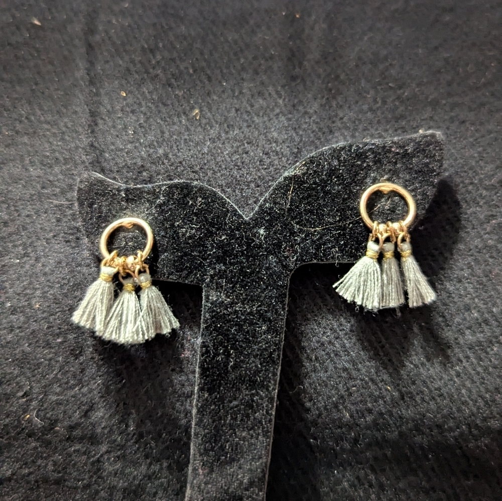 Gold Tone Gray Tassel Dainty Delicate Statement Earrings